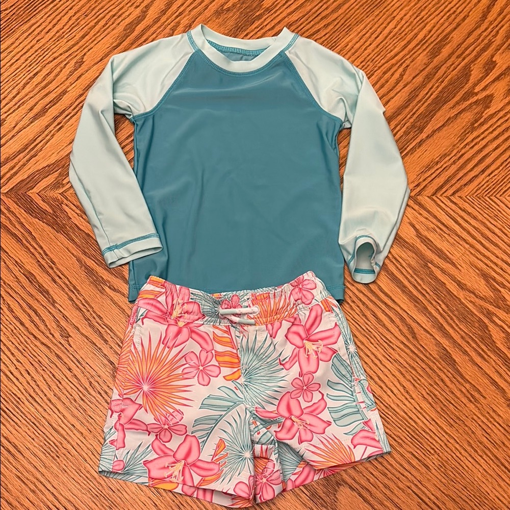Blue and Pink Rashguard Swim Set with Floral Shorts